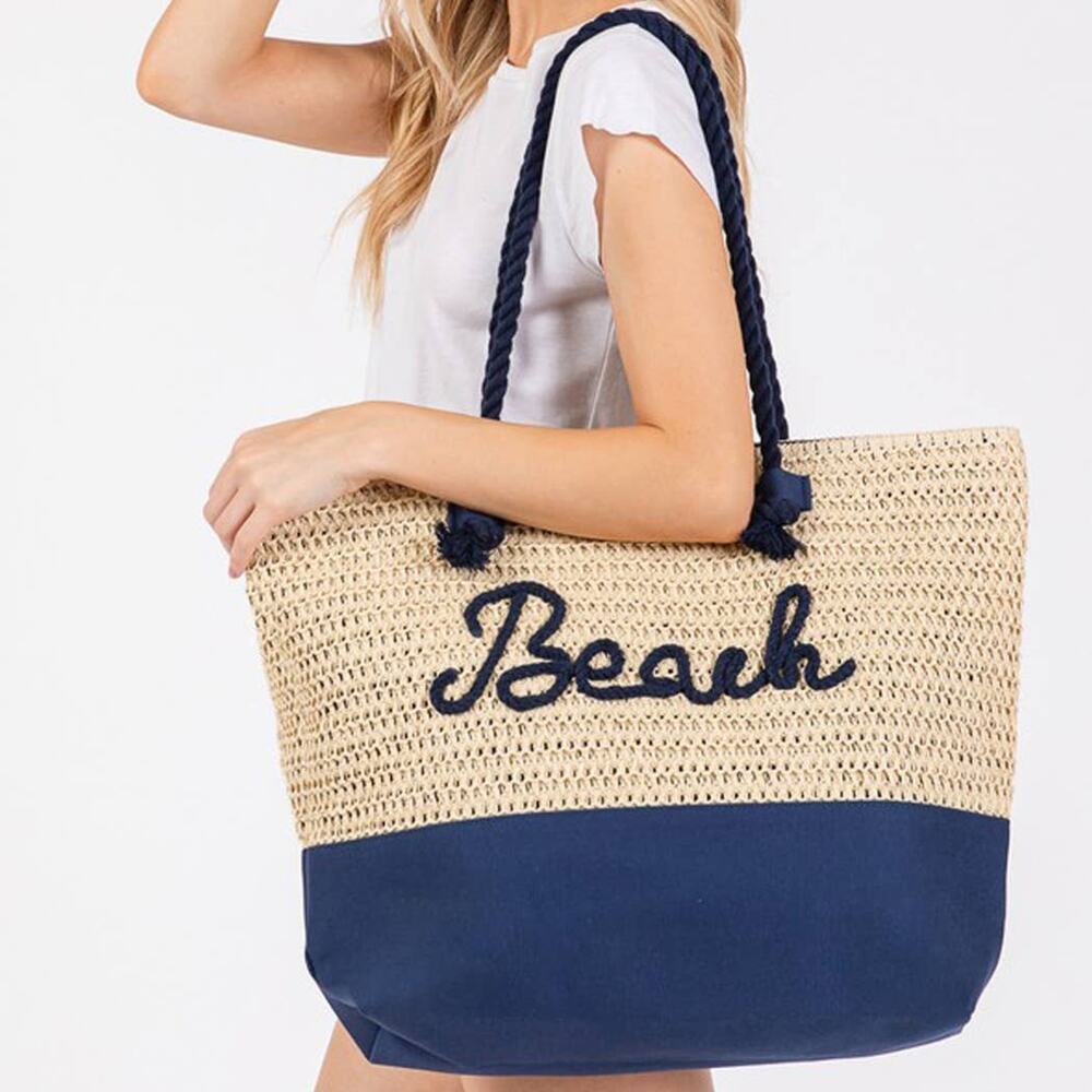 Crochet & Color-Sewn Rope Beach Tote Bag in Navy